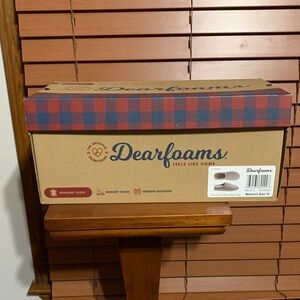 DEARFOAMS-  Women’s Gray Suede Fuzzy Slippers with light blue trim (10)